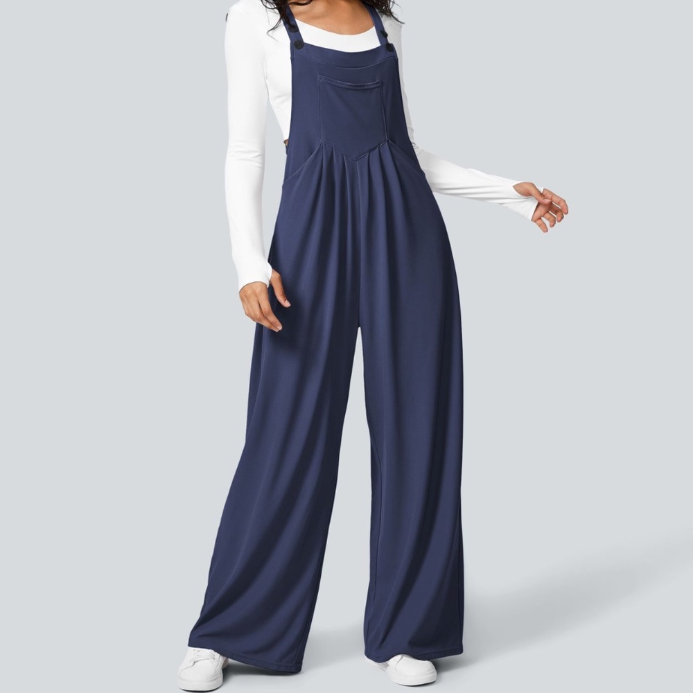 Halara NWOT Waffle Casual Dungarees w/ Pockets Color Dark Blue Size Small - Picture 2 of 11